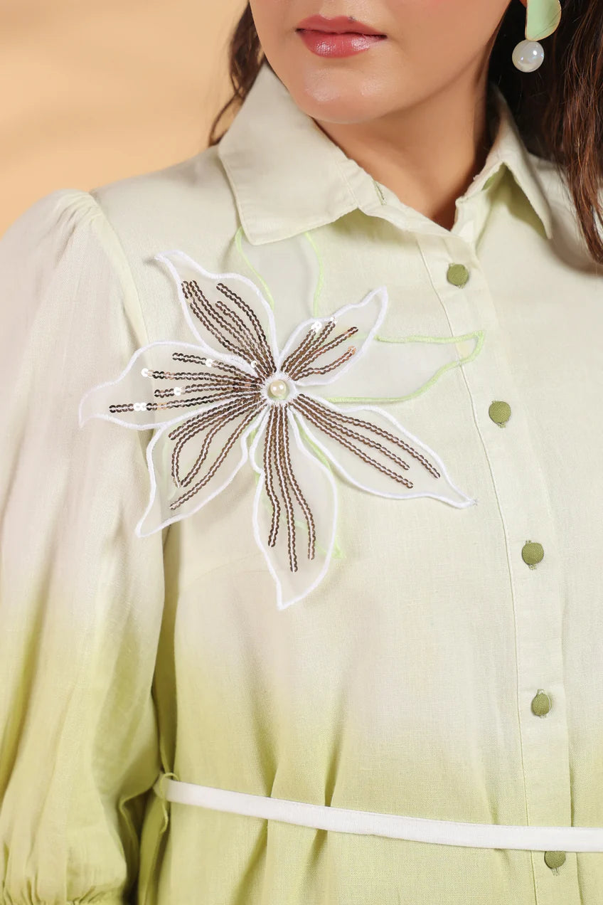 White and Sage Green Applique Flower Embroidered Cotton Flex Co-Ord Set