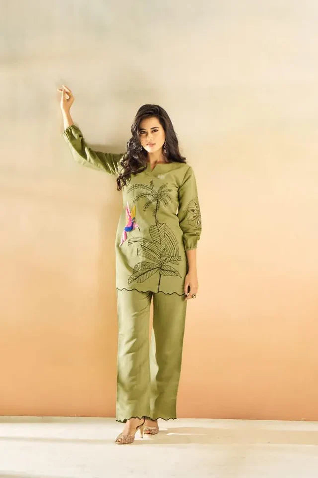 Green Embroidered Muslin Tunic & Trouser Co-Ord Set