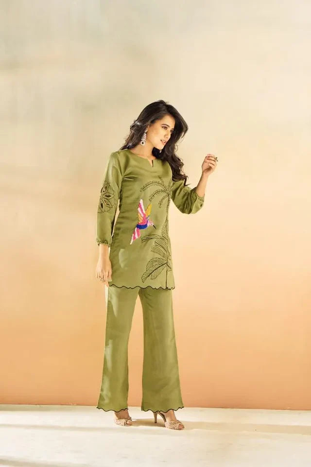 Green Embroidered Muslin Tunic & Trouser Co-Ord Set