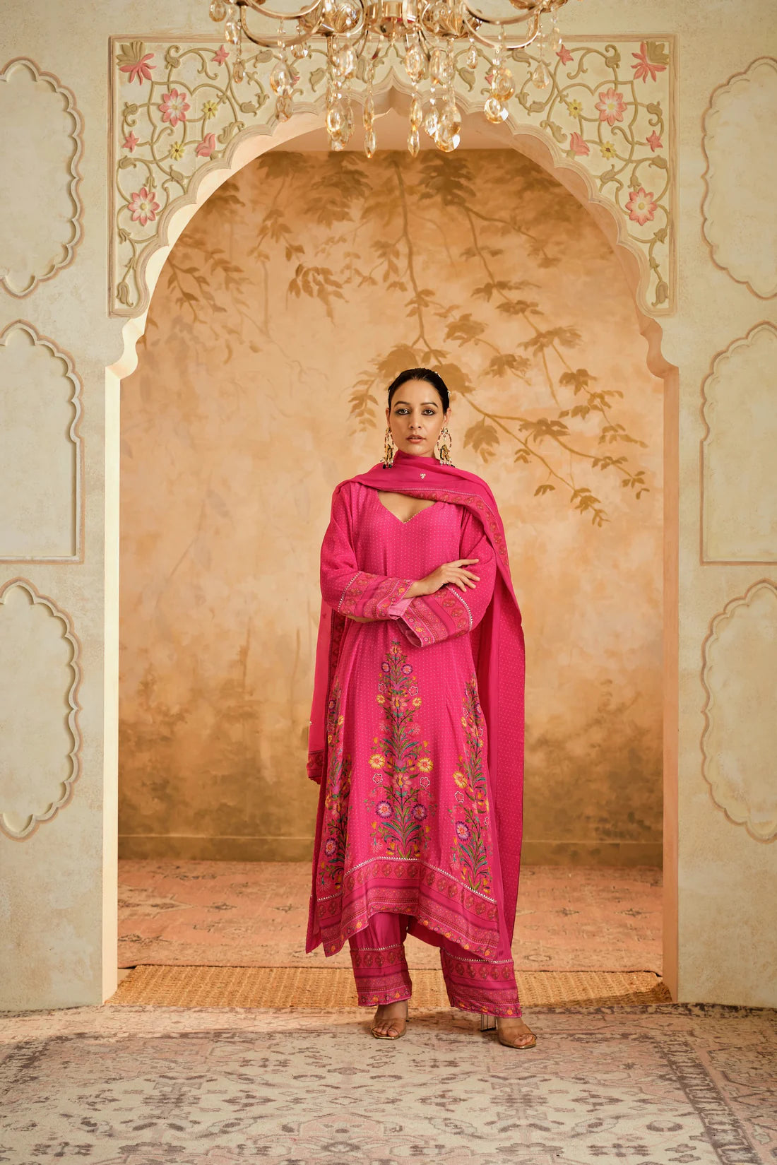 Raag placement kurta set-Hot Pink