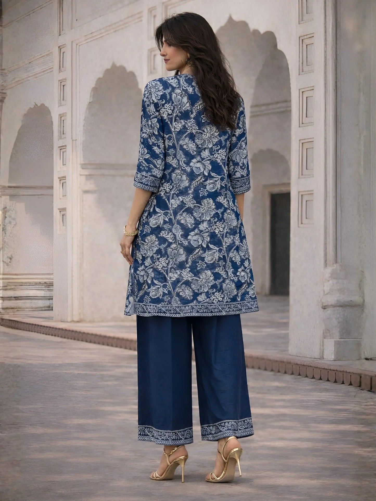 Indigo Panel Printed & Floral Embroidered Viscose Kurta Set