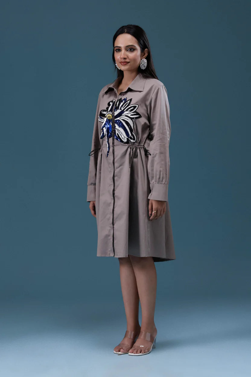 Grey Big Sequin Patch Shirt Dress