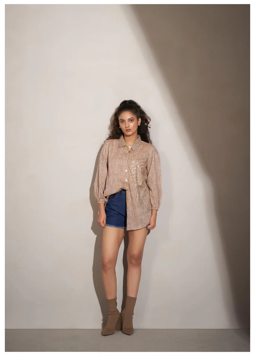 Beige Cotton Khadi Shirt with Fern Leaf Rhinestone Detailing
