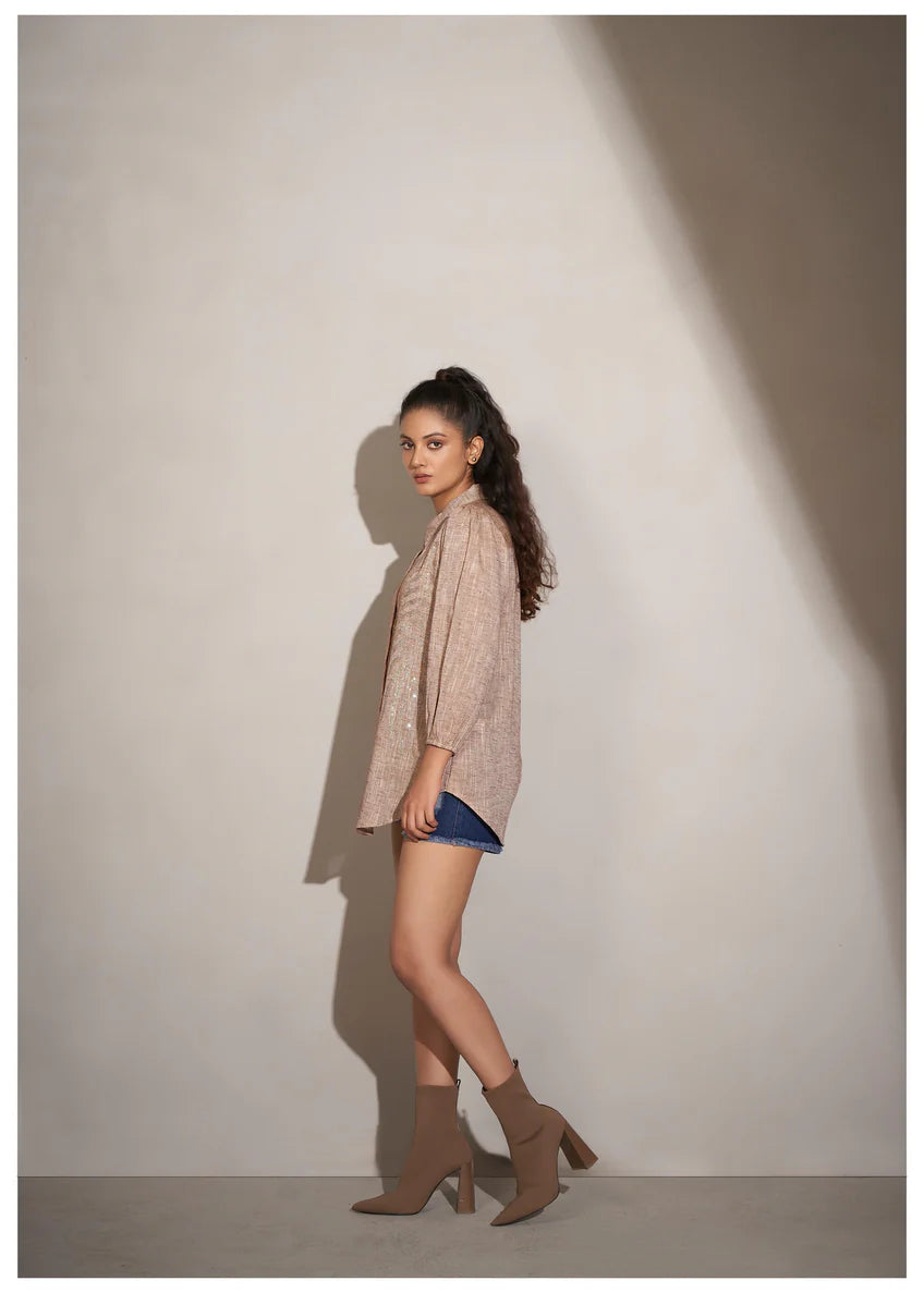 Beige Cotton Khadi Shirt with Fern Leaf Rhinestone Detailing