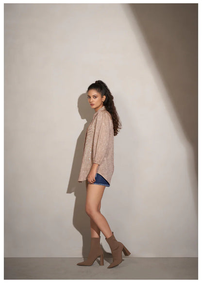 Beige Cotton Khadi Shirt with Fern Leaf Rhinestone Detailing