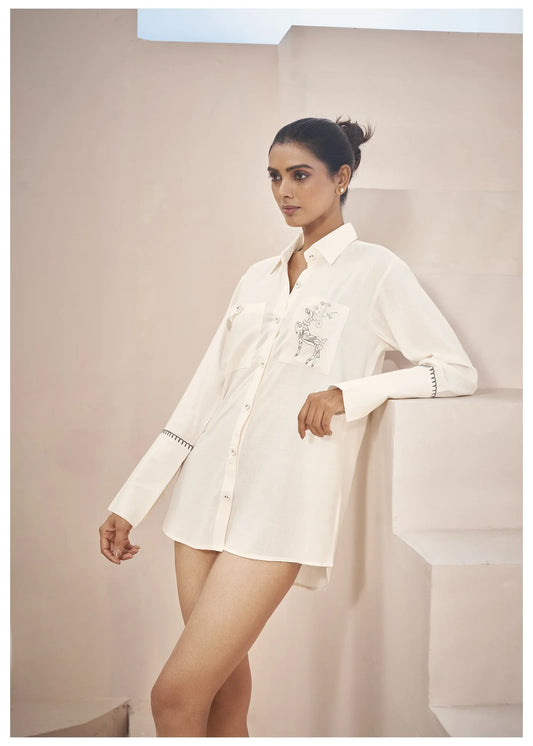 Off White Linen Shirt with Thread Work Embroidery