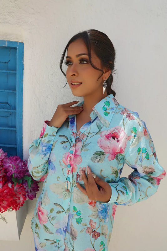 Sky Blue Floral Print Muslin Shirt-Style Tunic