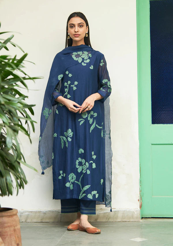 Indigo Floral Applique Kurta Set