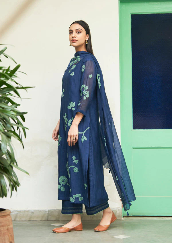 Indigo Floral Applique Kurta Set