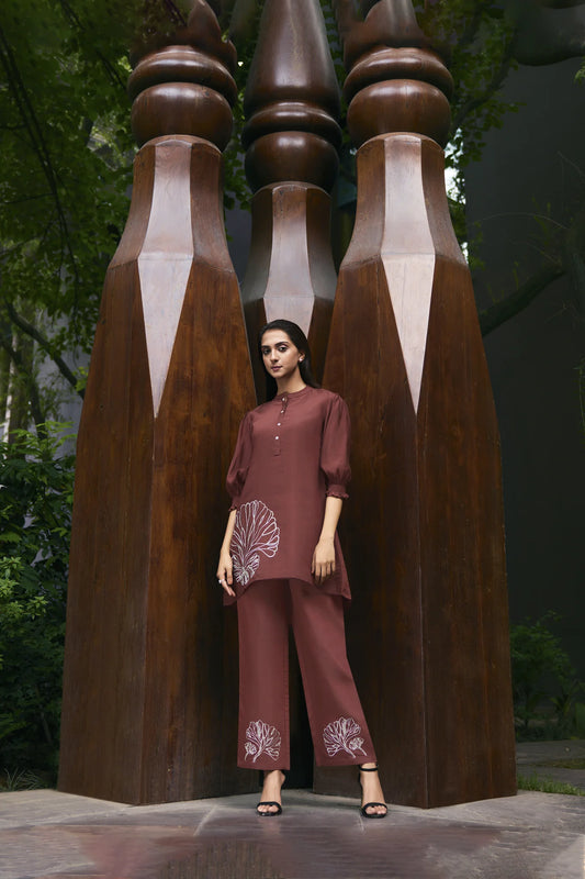 Kiaa-Brick Red Emboidered Thread Work Puff Sleeve Viscose Tunic With Pant