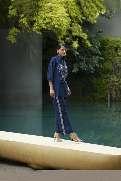 Kiaa-Deep Blue Embroidered Puff Sleeve Viscose Shirt With Pant