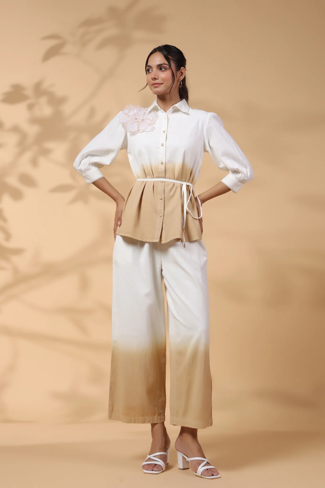 White and Beige Applique Flower Embroidered Cotton Flex Co-Ord Set