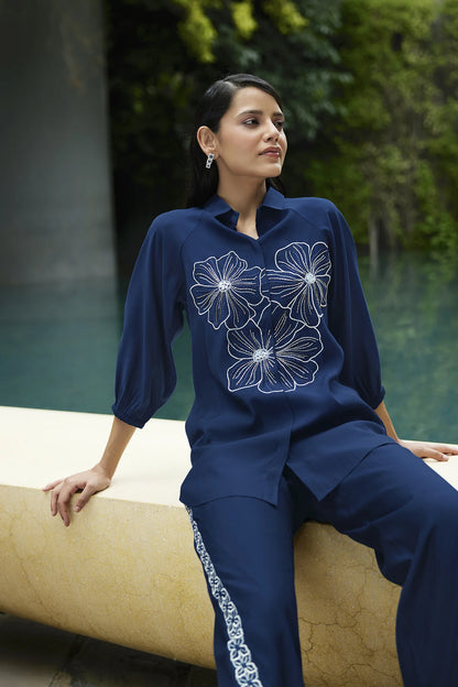 Kiaa-Deep Blue Embroidered Puff Sleeve Viscose Shirt With Pant