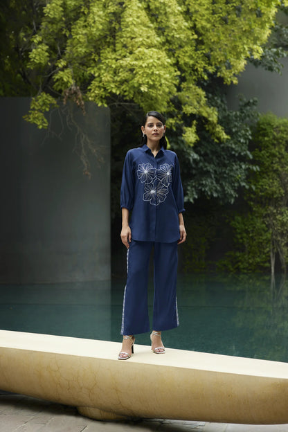 Kiaa-Deep Blue Embroidered Puff Sleeve Viscose Shirt With Pant