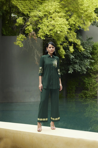 Kiaa-Bottle Green Embroidered Viscose Shirt With Pant