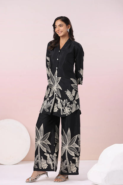 Black Bold Palm Russian Silk Print Co-Ord Set