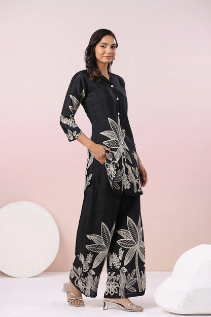 Black Bold Palm Russian Silk Print Co-Ord Set