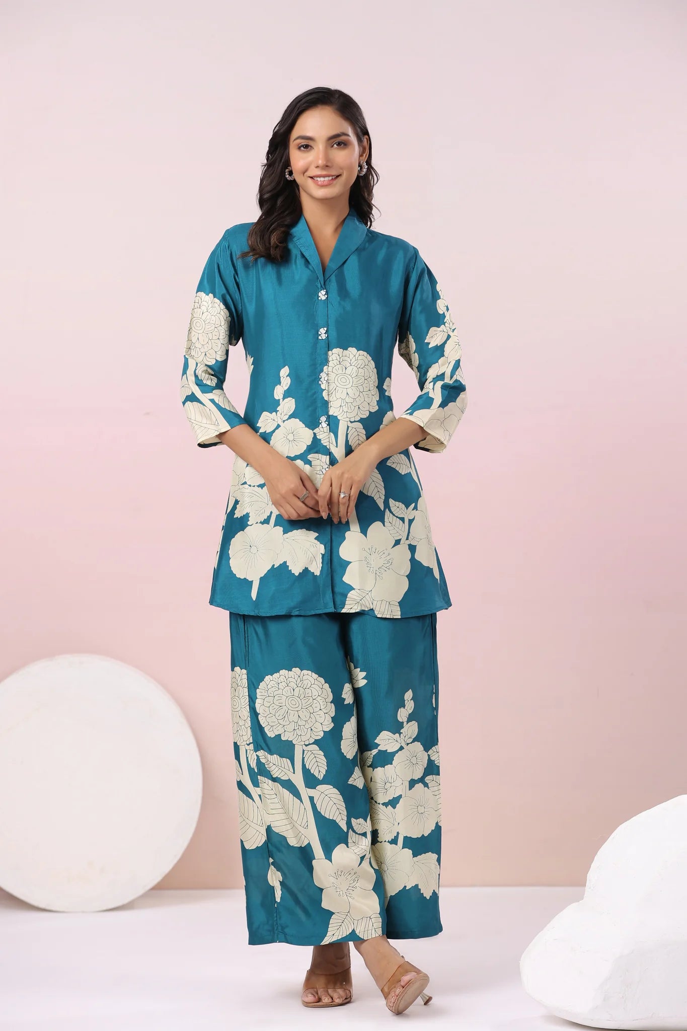 Teal Blue Bold Palm Russian Silk Print Co-Ord Set