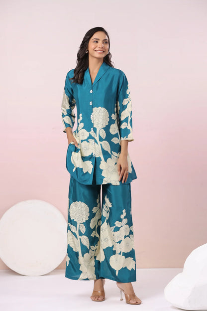 Teal Blue Bold Palm Russian Silk Print Co-Ord Set