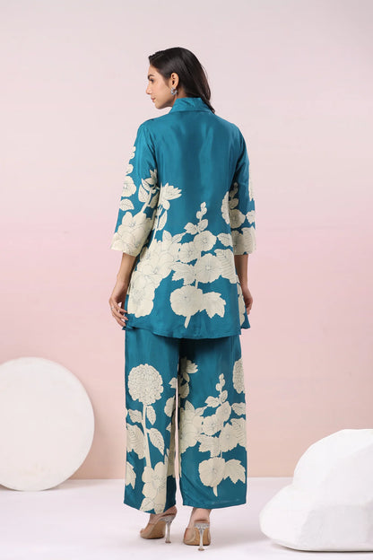 Teal Blue Bold Palm Russian Silk Print Co-Ord Set