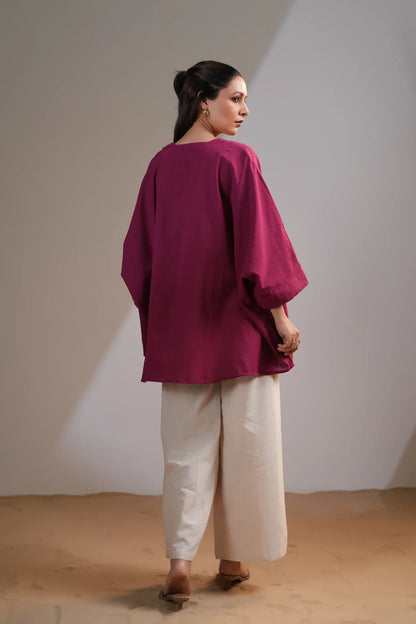 Magenta Pink Embellished V-Neck Co-Ord Set in Cotton Flex