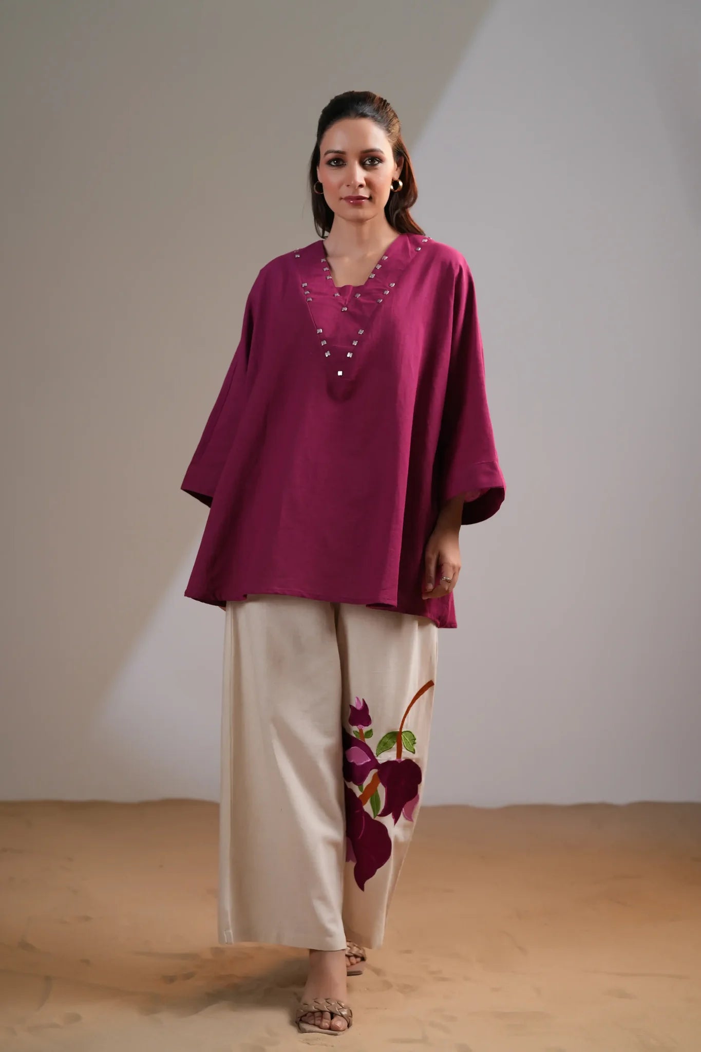 Magenta Pink Embellished V-Neck Co-Ord Set in Cotton Flex