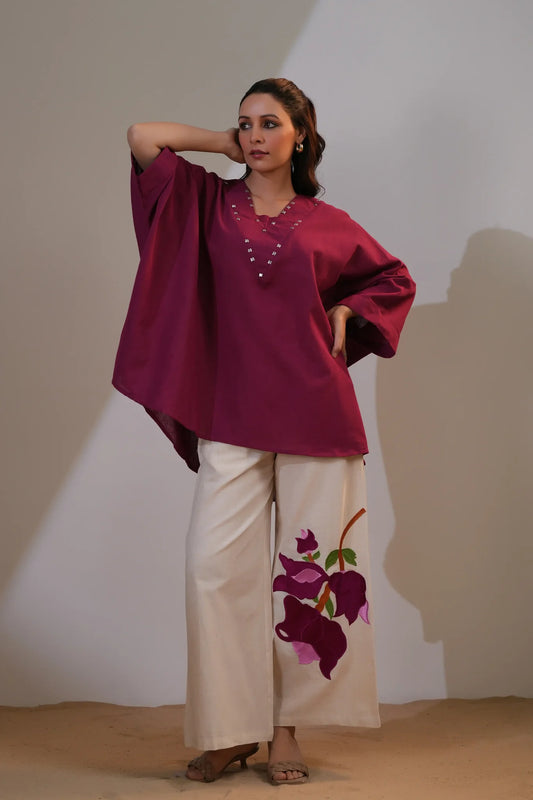 Magenta Pink Embellished V-Neck Co-Ord Set in Cotton Flex