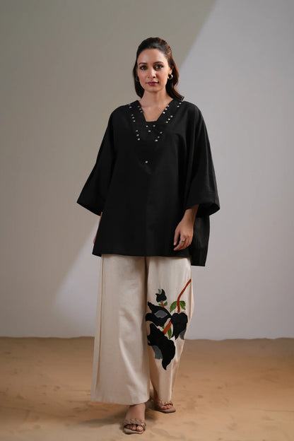 Black Embellished V-Neck Co-Ord Set in Cotton Flex