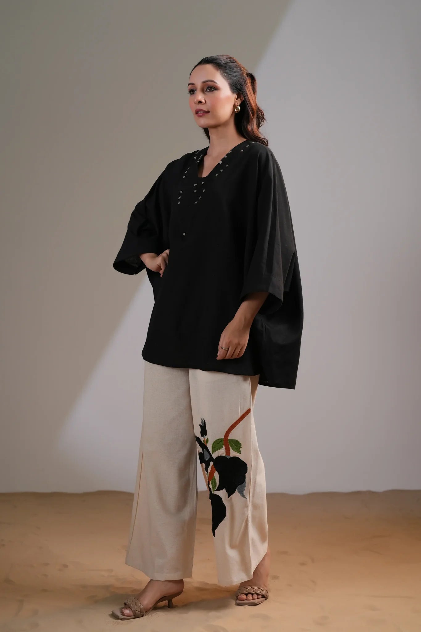 Black Embellished V-Neck Co-Ord Set in Cotton Flex