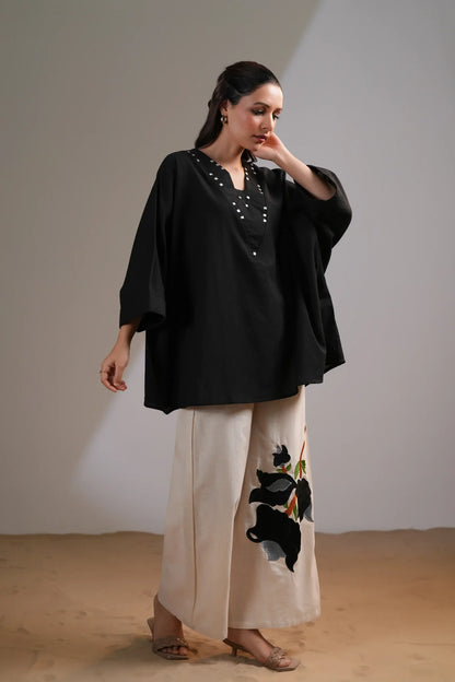 Black Embellished V-Neck Co-Ord Set in Cotton Flex