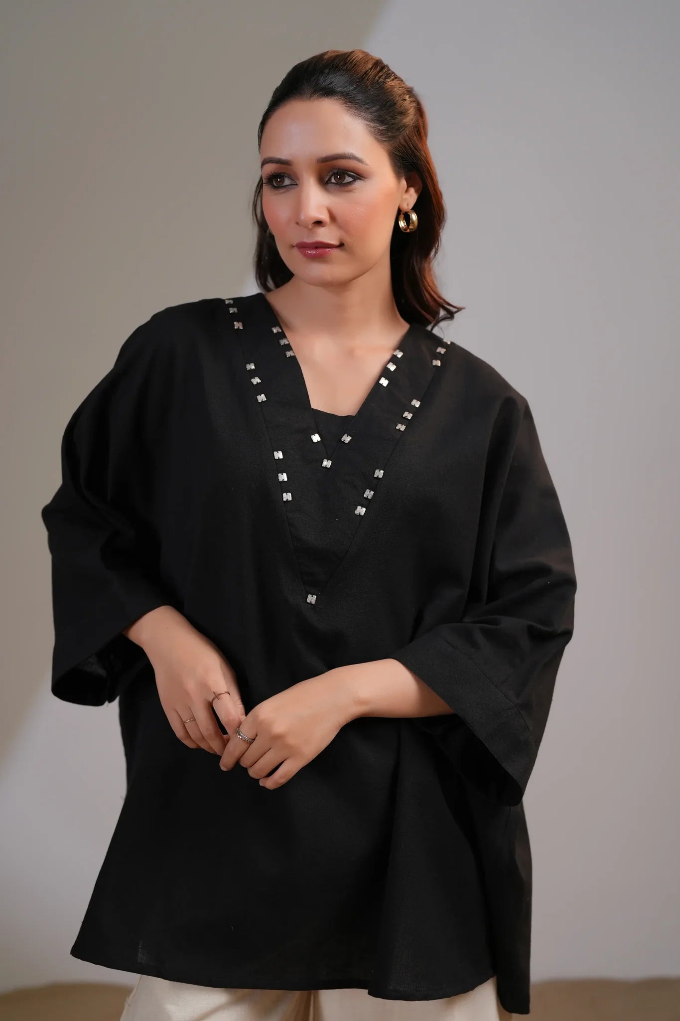 Black Embellished V-Neck Co-Ord Set in Cotton Flex