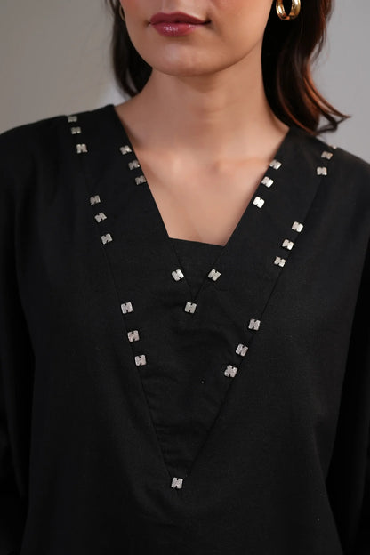 Black Embellished V-Neck Co-Ord Set in Cotton Flex