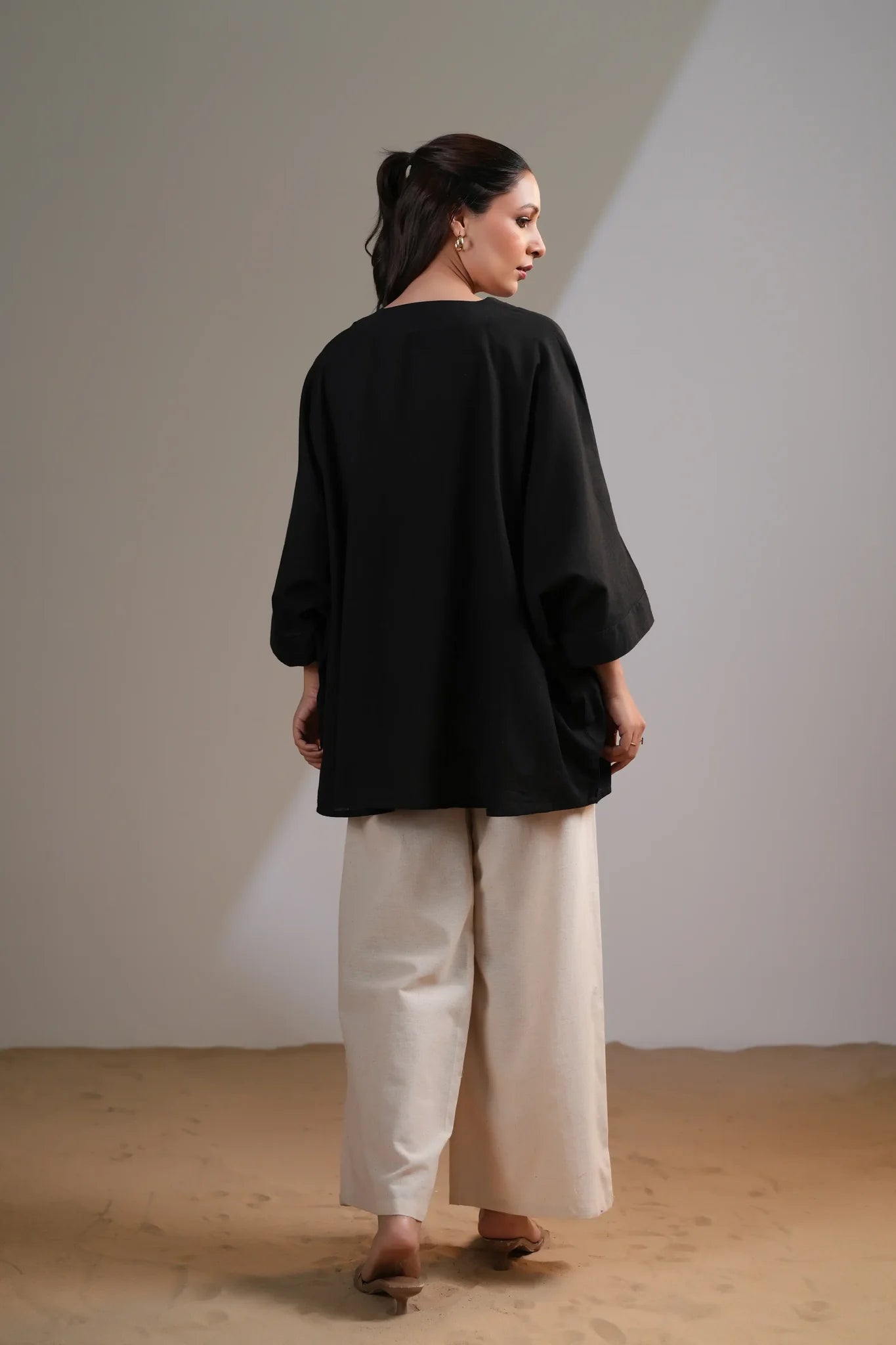 Black Embellished V-Neck Co-Ord Set in Cotton Flex