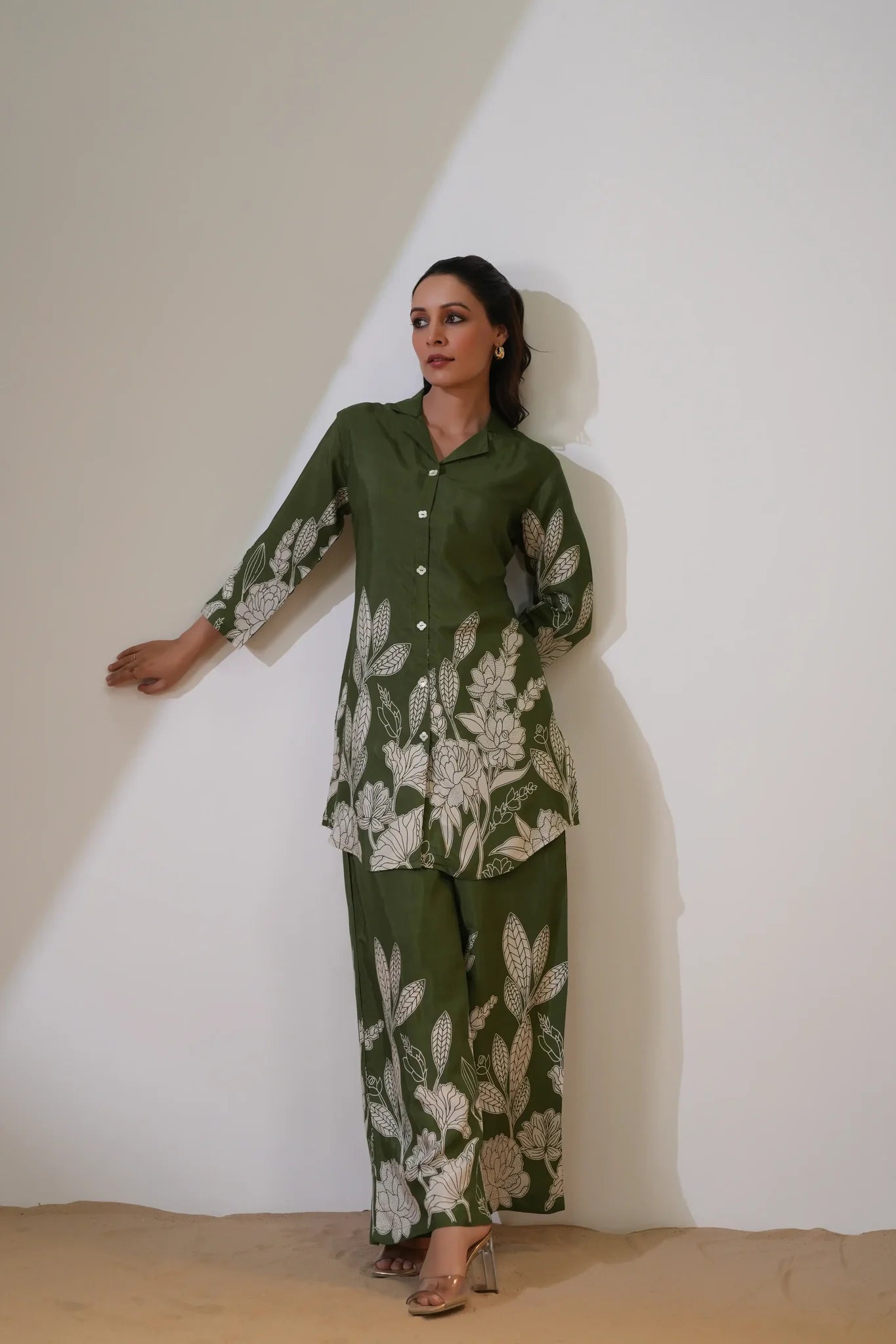 Olive Green Floral Printed Russian Silk Co-Ord Set with Shell Button Embellishments