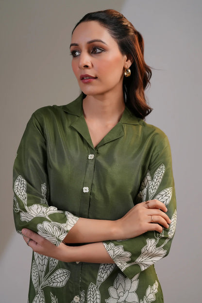 Olive Green Floral Printed Russian Silk Co-Ord Set with Shell Button Embellishments