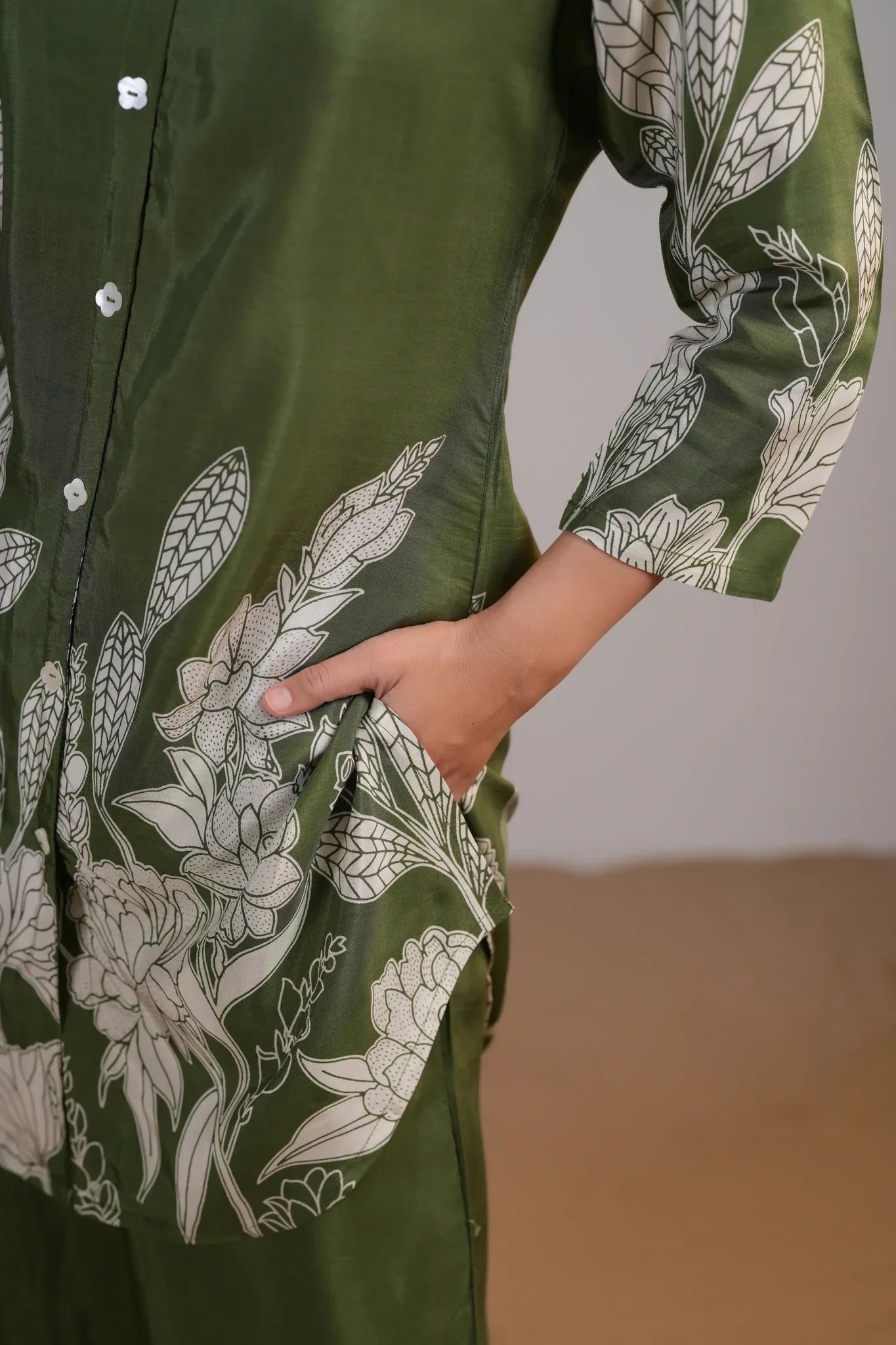 Olive Green Floral Printed Russian Silk Co-Ord Set with Shell Button Embellishments