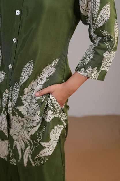 Olive Green Floral Printed Russian Silk Co-Ord Set with Shell Button Embellishments