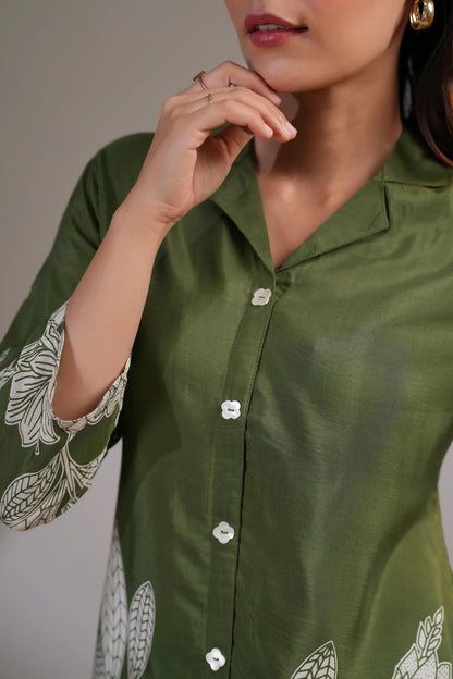 Olive Green Floral Printed Russian Silk Co-Ord Set with Shell Button Embellishments