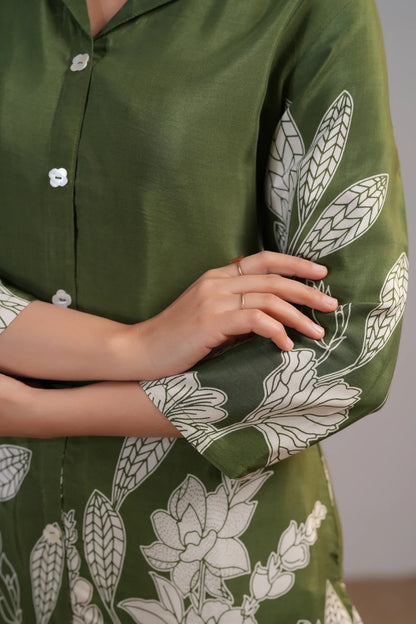 Olive Green Floral Printed Russian Silk Co-Ord Set with Shell Button Embellishments