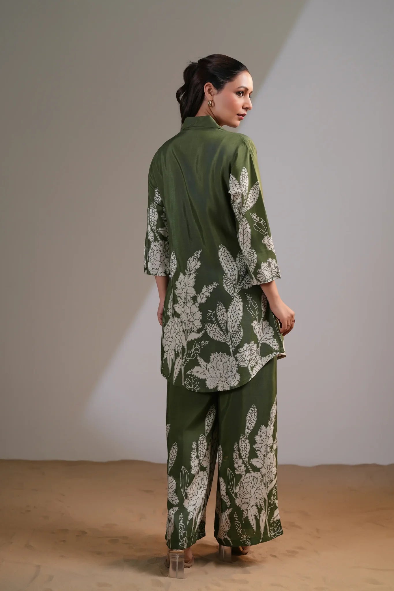 Olive Green Floral Printed Russian Silk Co-Ord Set with Shell Button Embellishments