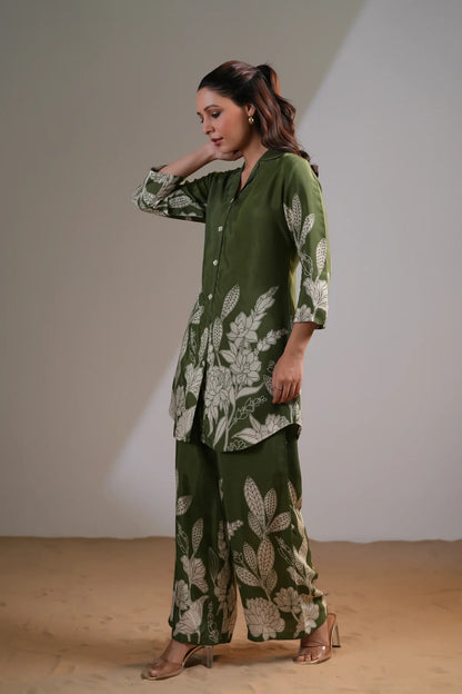 Olive Green Floral Printed Russian Silk Co-Ord Set with Shell Button Embellishments