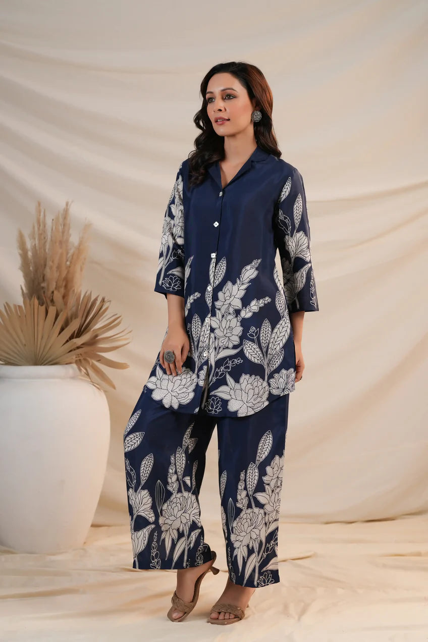 Royal Blue Floral Printed Russian Silk Co-Ord Set with Shell Button Embellishments
