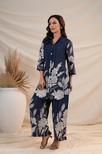 Royal Blue Floral Printed Russian Silk Co-Ord Set with Shell Button Embellishments