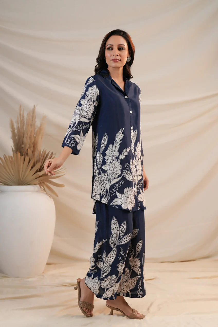Royal Blue Floral Printed Russian Silk Co-Ord Set with Shell Button Embellishments