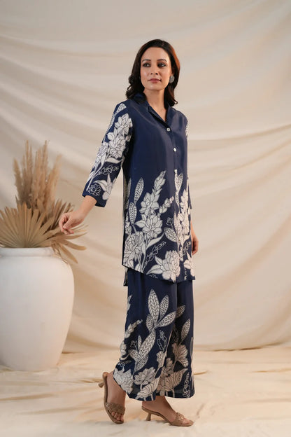 Royal Blue Floral Printed Russian Silk Co-Ord Set with Shell Button Embellishments