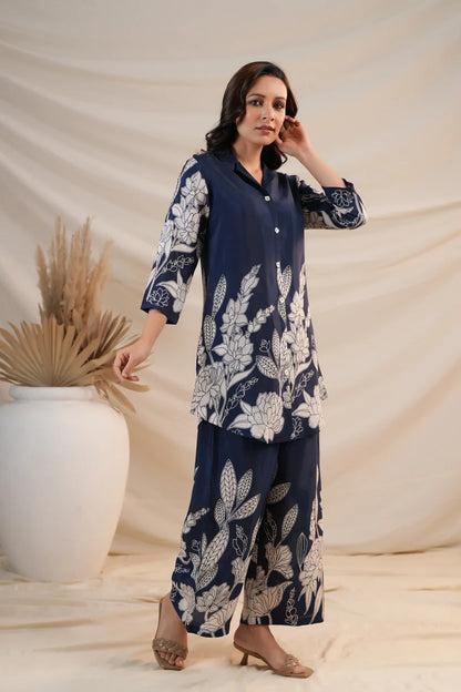 Royal Blue Floral Printed Russian Silk Co-Ord Set with Shell Button Embellishments