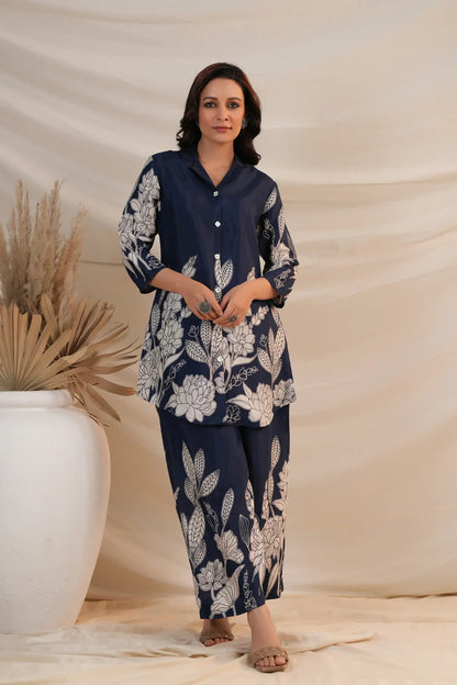 Royal Blue Floral Printed Russian Silk Co-Ord Set with Shell Button Embellishments