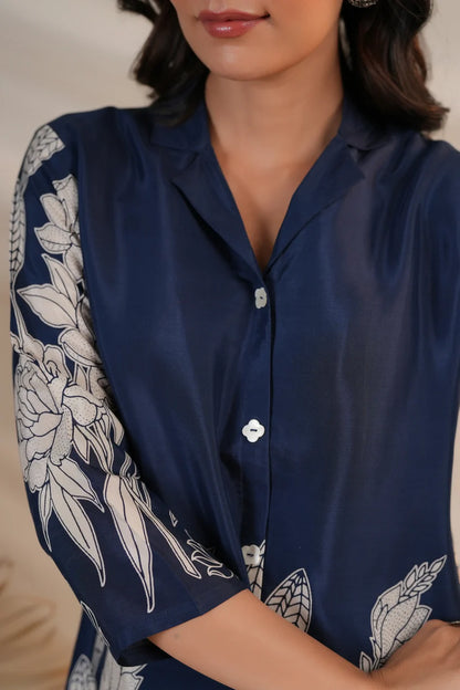 Royal Blue Floral Printed Russian Silk Co-Ord Set with Shell Button Embellishments