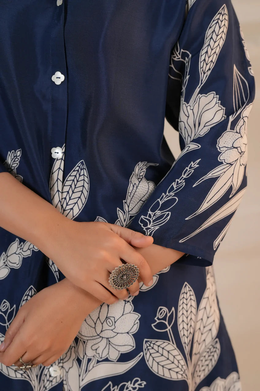 Royal Blue Floral Printed Russian Silk Co-Ord Set with Shell Button Embellishments