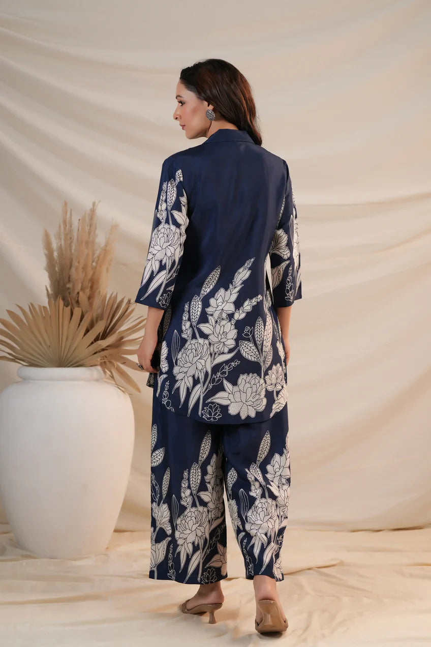 Royal Blue Floral Printed Russian Silk Co-Ord Set with Shell Button Embellishments